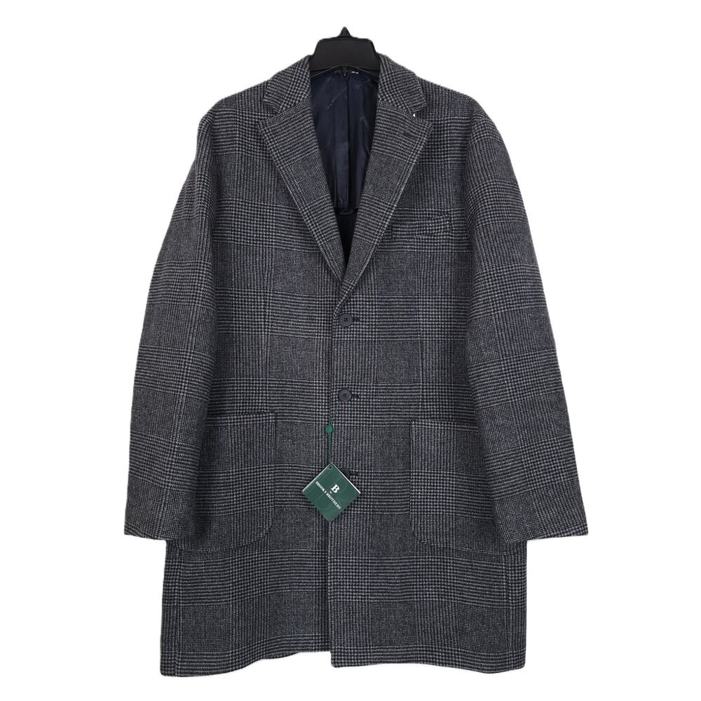 B by Brooks Brothers Mens Classic Fit Overcoat 46L Grey Plaid Wool Blend NWT